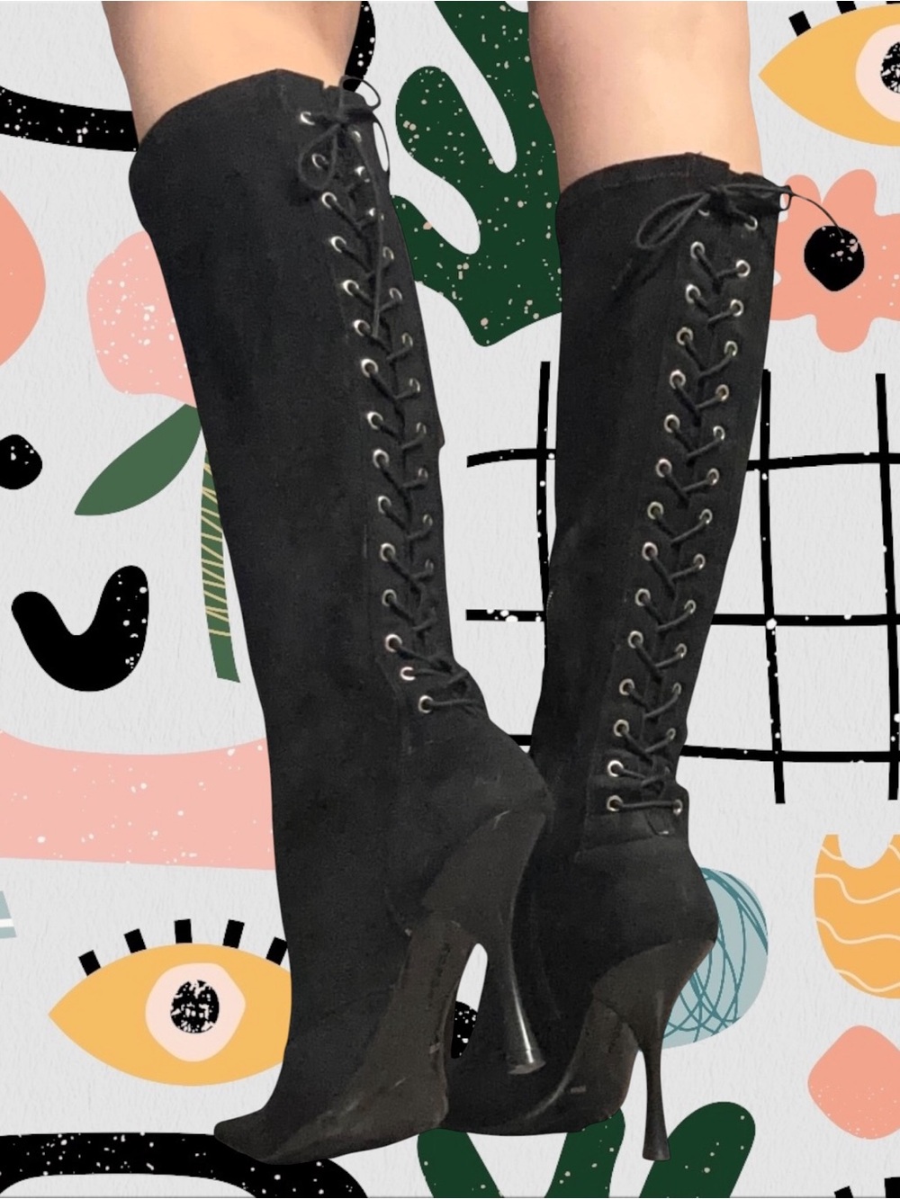 BCBGirls | Vintage Y2K Women’s Black Faux Suede Lace Up Pointed Toe Boots